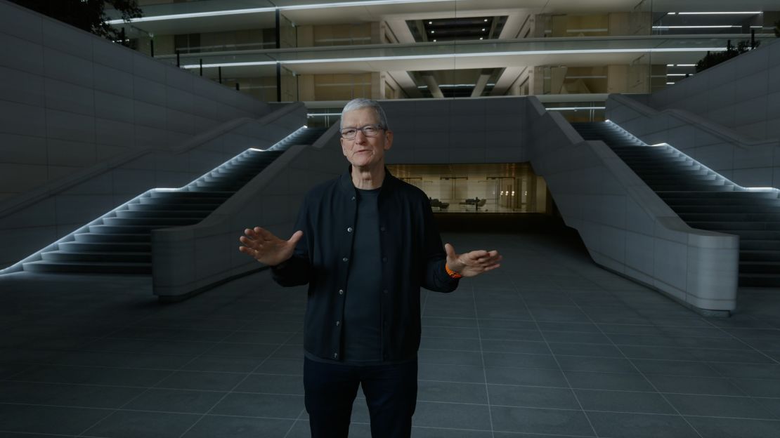 Tim Cook presents during an Apple livestream on October 30, 2023.