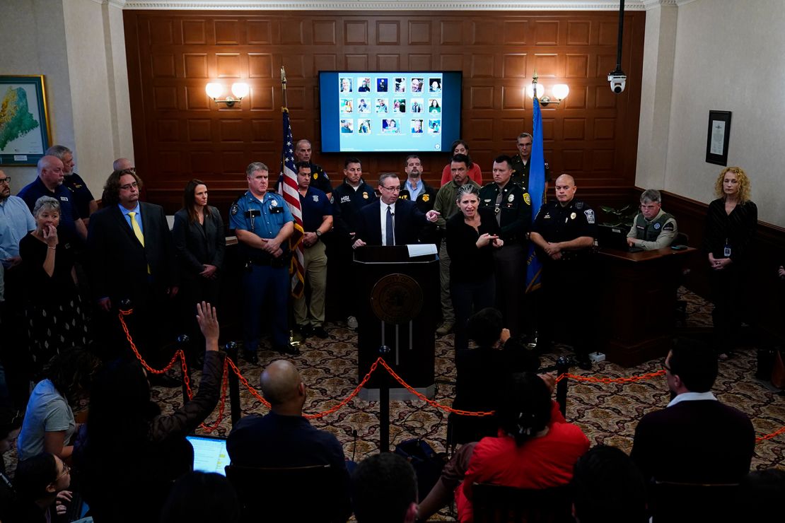 Maine Commissioner of Public Safety Mike Sauschuck speaks during a news conference in Lewiston, Maine October 28, 2023.