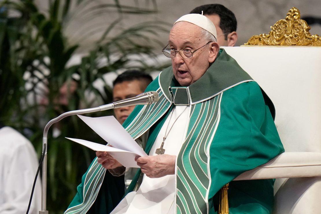 Pope Francis delivers his speech as he presides over a mass for the closing of the 16th general assembly of the synod of bishops, in St.Peter's Basilica at the Vatican, Sunday, Oct. 29, 2023. (AP Photo/Alessandra Tarantino)