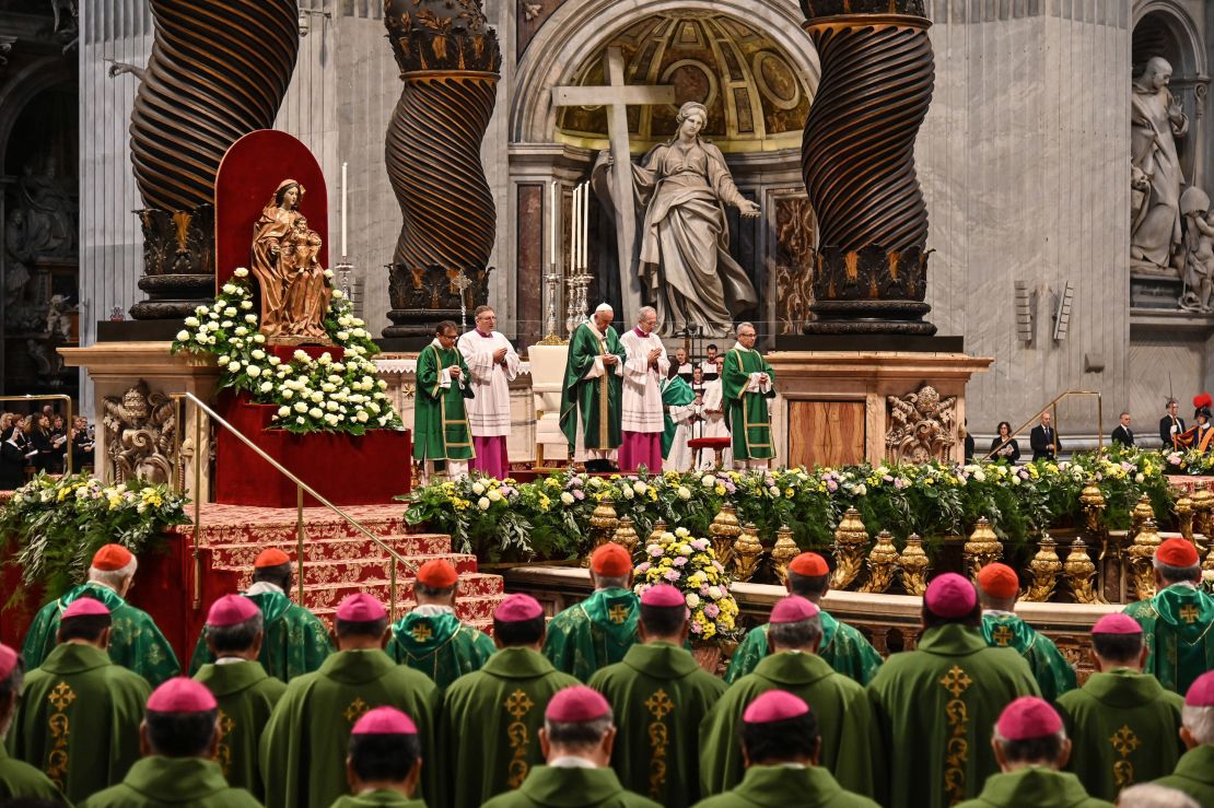 Pope Francis celebrates the closing mass of the Synod on Amazonia on October 27, 2019 at the Saint Peter's Basilica in the Vatican. (Photo by Andreas SOLARO / AFP) (Photo by ANDREAS SOLARO/AFP via Getty Images)
