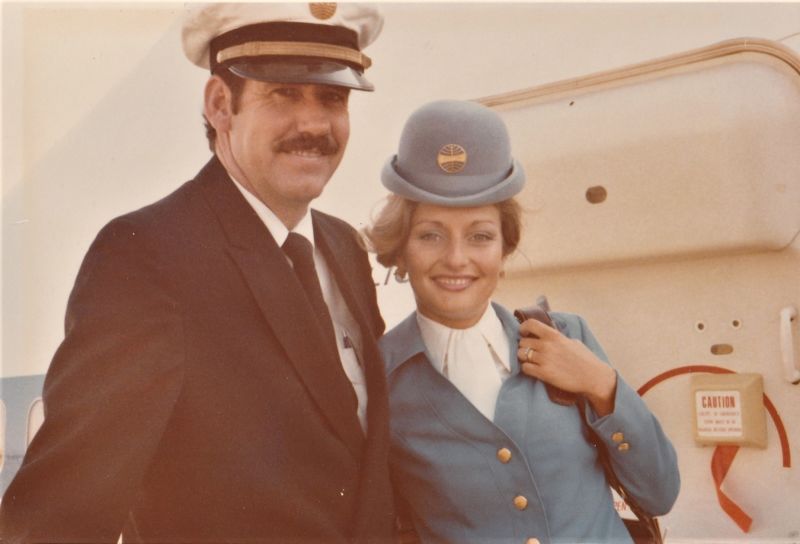 She was a Pan Am flight attendant, he was a pilot. Their inflight