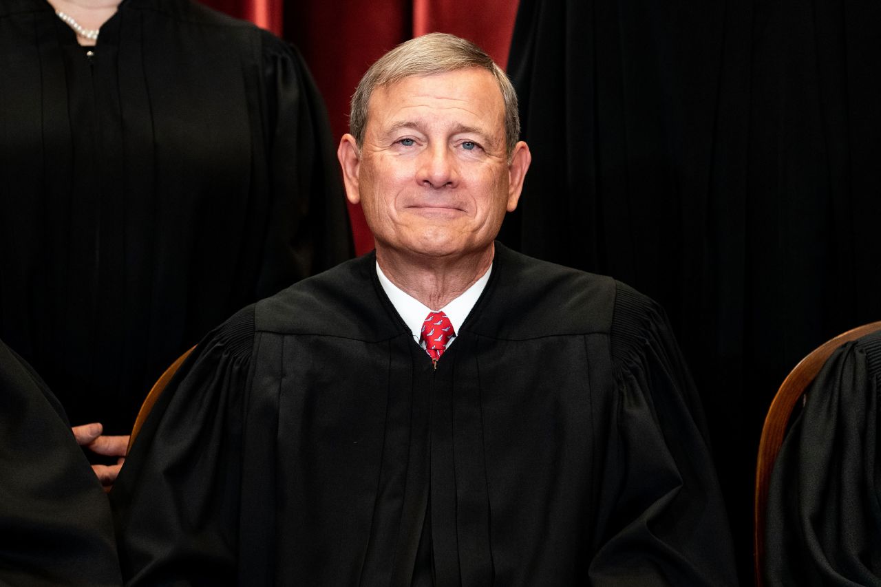 Chief Justice John Roberts sits during a group photo of the Justices at the Supreme Court in Washington, DC, in 2021.