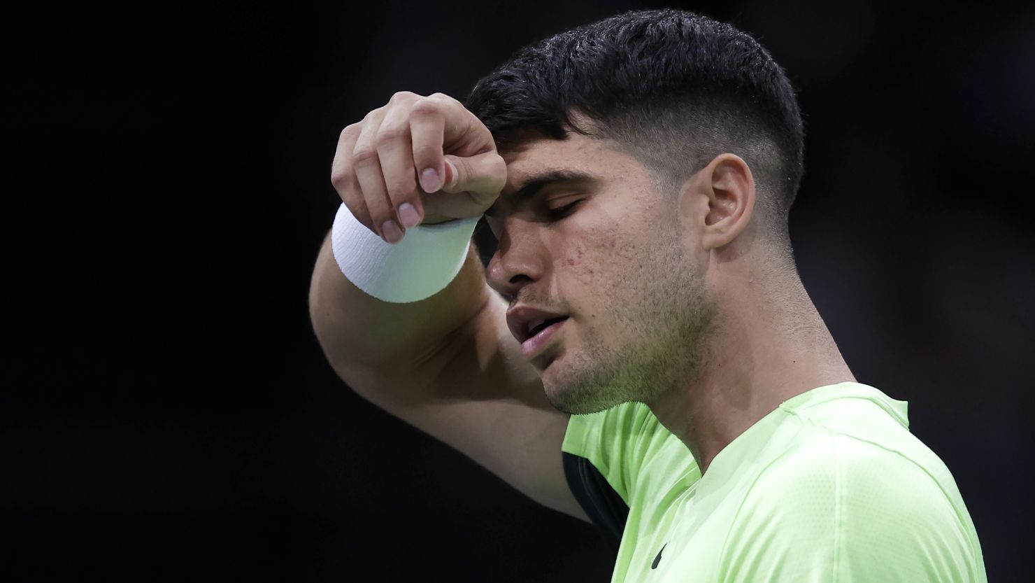 Carlos Alcaraz of Spain reacts during second round match against Roman Safiullin at the Rolex Paris Masters tennis tournament in Paris, France on October 31, 2023.
