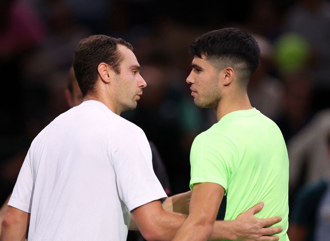 Tennis - ATP Masters 1000 - Paris Masters - AccorHotels Arena, Paris, France - October 31, 2023 
Russia's Roman Safiullin with Spain's Carlos Alcaraz after winning their round of 32 match