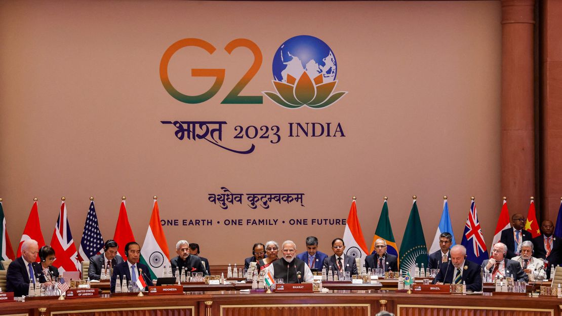 India's Prime Minister Narendra Modi (C) addresses the G20 Leaders' Summit at the Bharat Mandapam in New Delhi on September 9, 2023. (Photo by Ludovic MARIN / POOL / AFP) (Photo by LUDOVIC MARIN/POOL/AFP via Getty Images)