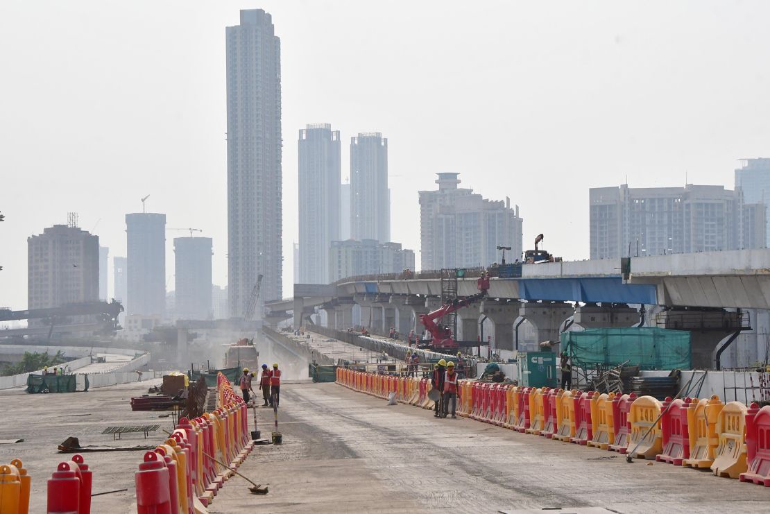 MUMBAI, INDIA - MARCH 11: A view of the ongoing work of Sewri-Nhava Sheva Mumbai Trans-Harbour Link (MTHL) Road project, at Sewri, on March 11, 2023 in Mumbai, India. The under-construction Mumbai Trans Harbour Link (MTHL) crossed another milestone when the segment casting work for Package-2 of the project was completed. (Photo by Bhushan Koyande/Hindustan Times via Getty Images)