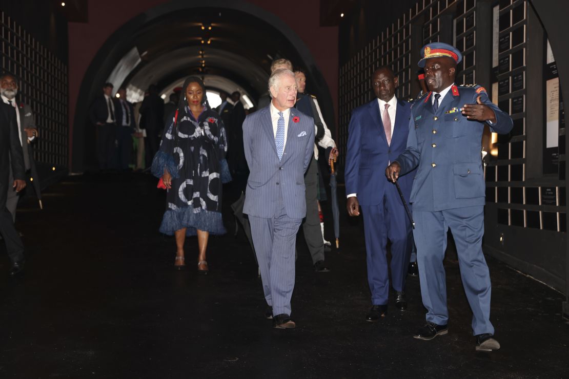 The King, accompanied by President William Ruto, receives a guided tour of a new museum dedicated to Kenya's history on Tuesday.