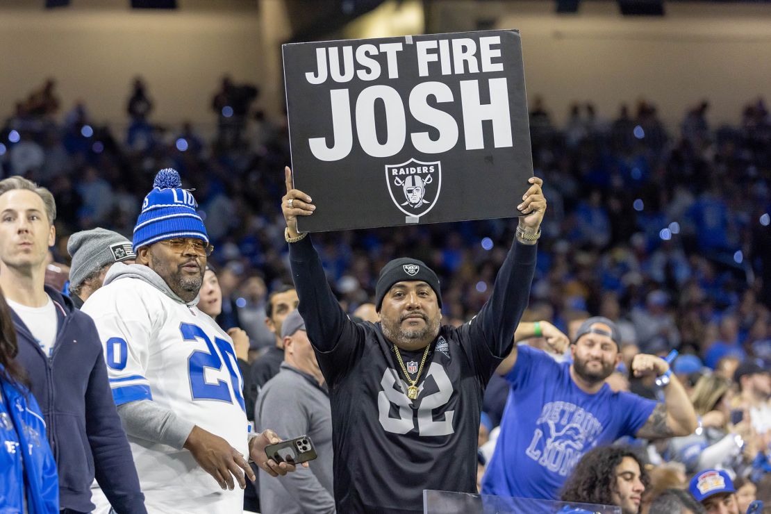Oct 30, 2023; Detroit, Michigan, USA; An unhappy Las Vegas Raiders fan hold up a sign during the first half against the Detroit Lions at Ford Field. Mandatory Credit: David Reginek-USA TODAY Sports