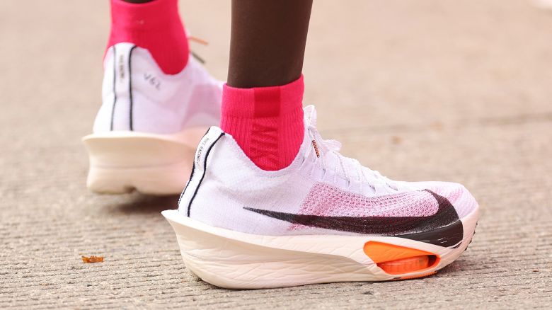 CHICAGO, ILLINOIS - OCTOBER 08: A detai of Kelvin Kiptum of Kenya shoes after winning the 2023 Chicago Marathon professional men's division and setting a world record marathon time of 2:00.35 at Grant Park on October 08, 2023 in Chicago, Illinois. (Photo by Michael Reaves/Getty Images)