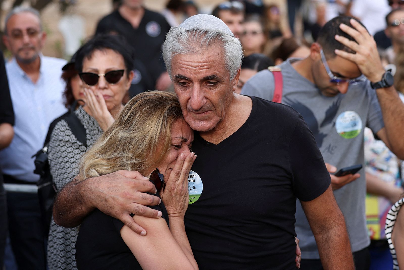 Friends and family mourn Yosef Vahav, 65, who was killed following Hamas' infiltration from Gaza, at his funeral in Beit Guvrin, Israel on Tuesday, October 31.