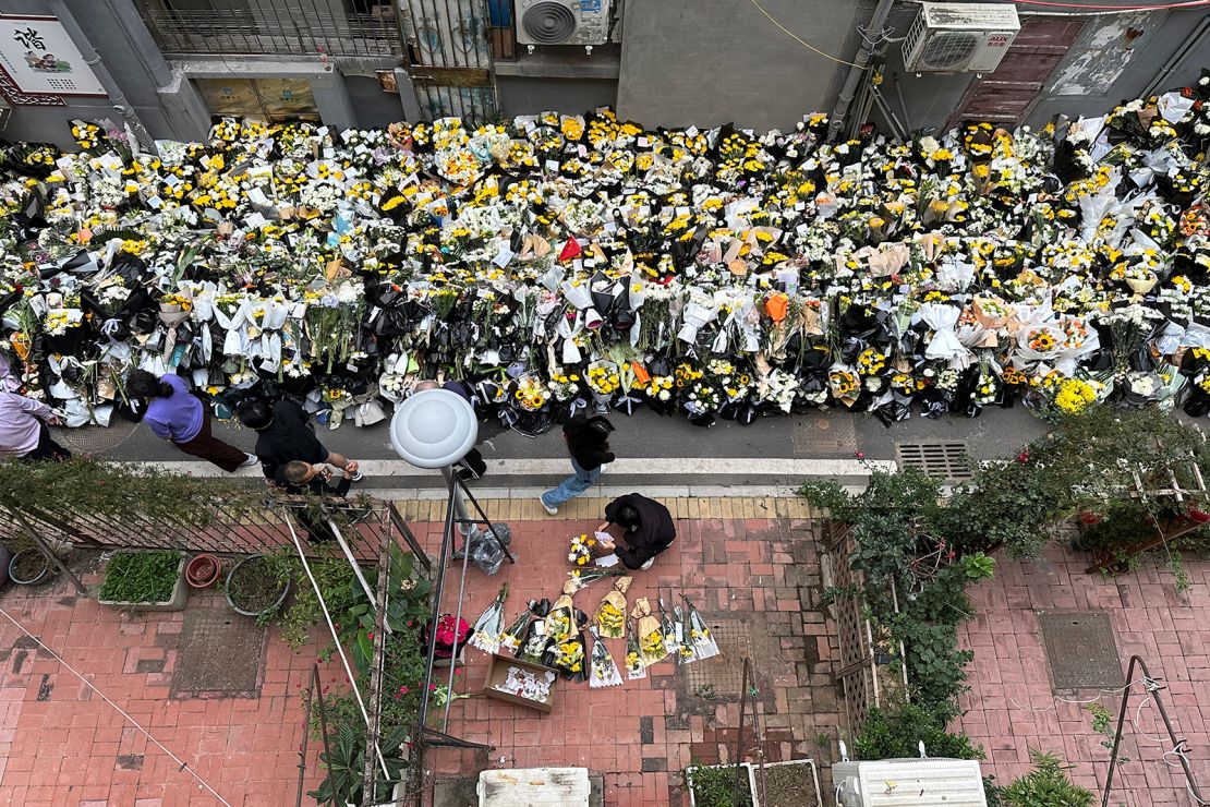 Bouquets of flowers laid in tribute to former Premier Li Keqiang outside his childhood residence in Anhui province, China, on October 28, 2023.