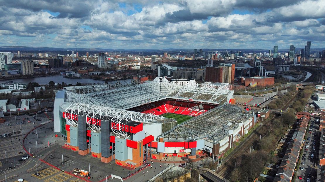 MANCHESTER, ENGLAND - MARCH 12: (EDITORS NOTE: This photograph was taken using a drone) A general view of Old Trafford prior to the Premier League match between Manchester United and Tottenham Hotspur at Old Trafford on March 12, 2022 in Manchester, England. (Photo by Michael Regan/Getty Images)