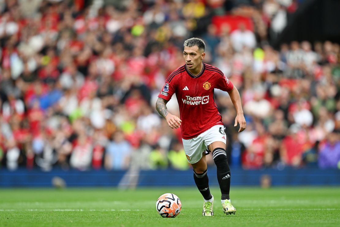 MANCHESTER, ENGLAND - AUGUST 26: Lisandro Martinez of Manchester United in action during the Premier League match between Manchester United and Nottingham Forest at Old Trafford on August 26, 2023 in Manchester, England. (Photo by Michael Regan/Getty Images)
