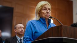 LEWISTON, ME - October 27: Maine Governor Janet Mills addresses the press after the discovery of Robert Card earlier in the evening. The suspect in the Maine mass shootings, Robert Card, was found dead at a recycling center of an apparent self-inflicted gunshot wound, according to a law enforcement source close to the investigation. (Photo by Erin Clark/The Boston Globe via Getty Images)