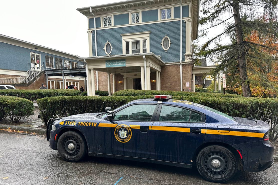 A New York State Police Department cruiser is parked in front of Cornell University's Center for Jewish Living, in Ithaca, NY, Monday, October 30, 2023.
