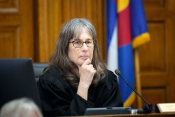 Judge Sarah B. Wallace presides over a hearing for a lawsuit to keep former President Donald Trump off the state ballot in court Wednesday, Nov. 1, 2023, in Denver. (AP Photo/Jack Dempsey, Pool)