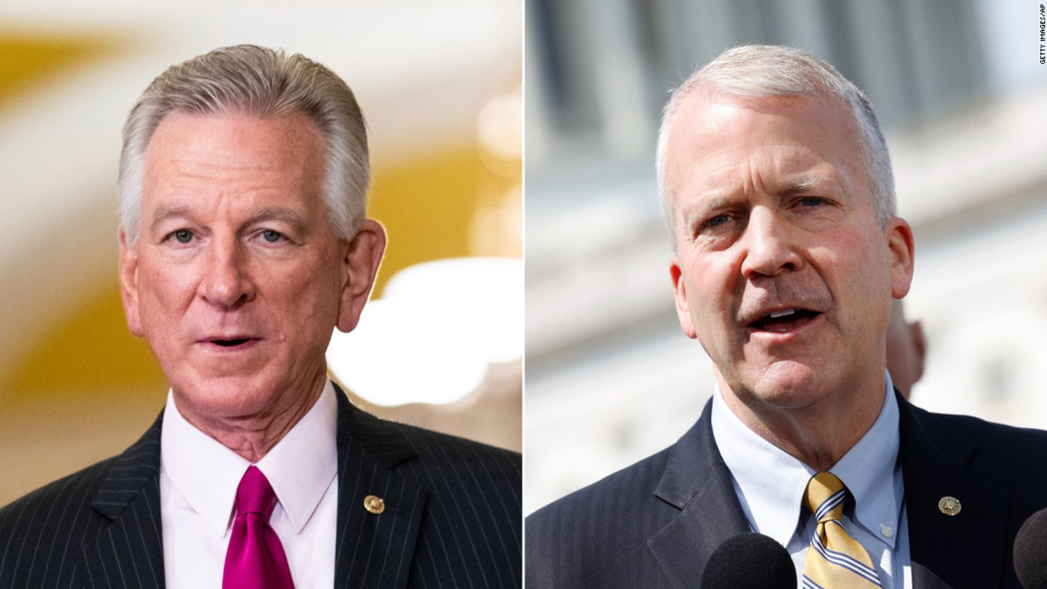 Left - WASHINGTON - SEPTEMBER 21: Sen. Tommy Tuberville, R-Ala., arrives for President of Ukraine Volodymyr Zelenskyy's meeting with U.S. Senators in the Capitol on Thursday, September 21, 2023. (Bill Clark/CQ Roll Call via AP Images)

Right - SHINGTON, DC - MAY 11: Sen. Dan Sullivan (R-AK) speaks on border security and Title 42 during a press conference at the U.S. Capitol on May 11, 2023 in Washington, DC. With the expiration of Title 42, the COVID-era public health emergency that allows for the quick expulsion of migrants, the southern border is expected to see a surge in asylum seekers. (Photo by Kevin Dietsch/Getty Images)