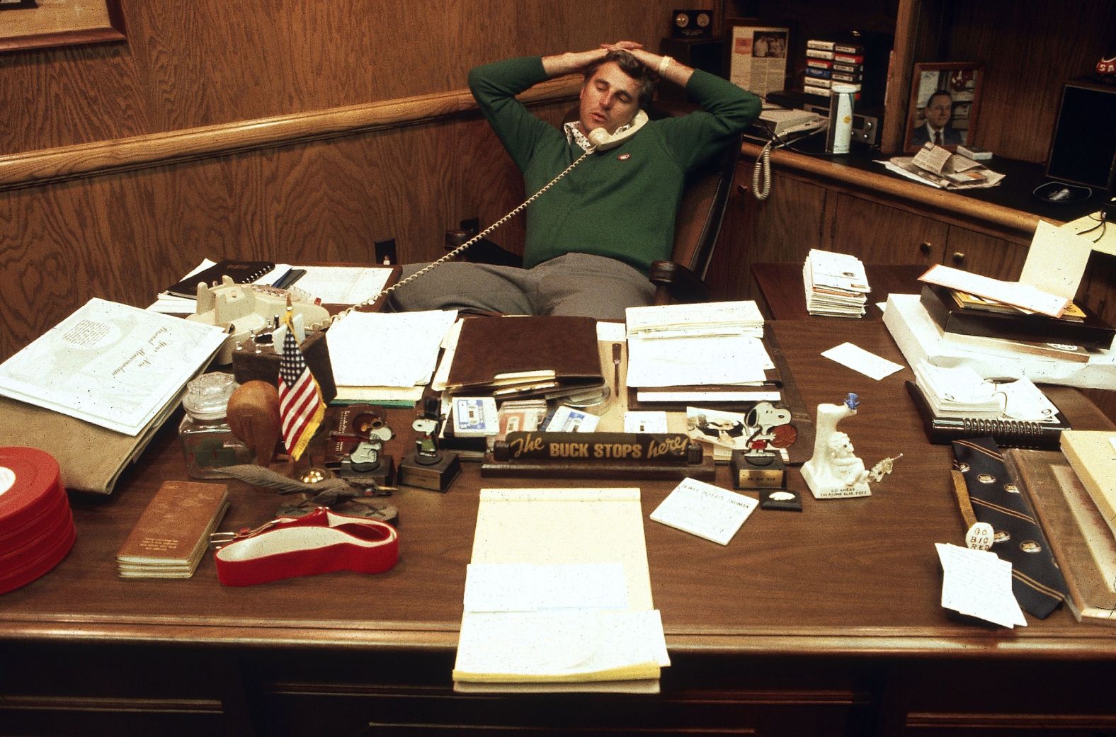Knight on the phone in his Bloomington office in 1981.