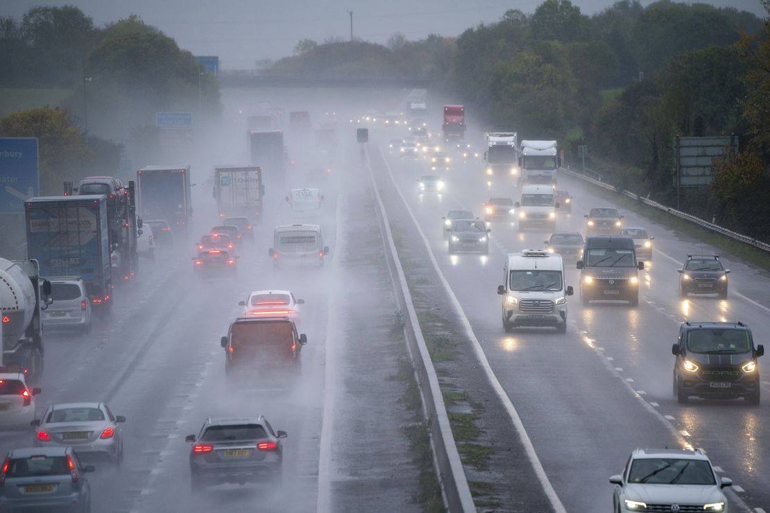 Spray and winds pound the M5 motorway network in Somerset as Storm Ciaran brings high winds and heavy rain along the south coast of England. The Environment Agency has issued 54 warnings where flooding is expected, and an amber weather warning is in place with winds expected to reach 70mph to 80mph. Picture date: Thursday November 2, 2023. 74416955 (Press Association via AP Images)