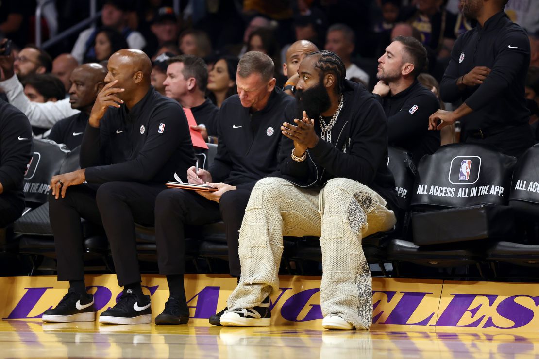 LOS ANGELES, CA - NOVEMBER 1: James Harden of the Los Angeles Clippers on the bench during the first quarter against the Los Angeles Lakers at Crypto.com Arena on November 1, 2023 in Los Angeles, California Watch the game. Notice to User: User expressly acknowledges and agrees that by downloading and/or using this photo, User agrees to the terms and conditions of the Getty Images License Agreement. (Photo by Caitlin Mulcahy/Getty Images)