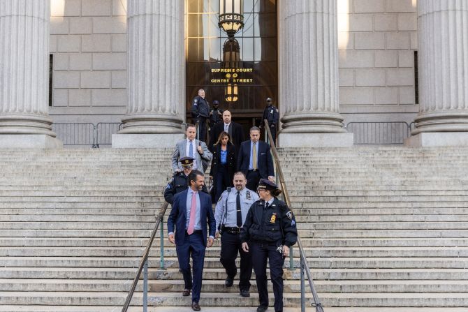 Donald Trump Jr. walks out of court after testifying on November 1. During his 90-minute <a href="index.php?page=&url=https%3A%2F%2Fwww.cnn.com%2F2023%2F11%2F01%2Fpolitics%2Fdonald-trump-jr-fraud-trial%2Findex.html" target="_blank">testimony</a>, Trump Jr. said he was not involved in the preparation of his father's financial statements at any point in time — including after his father became president in 2017 and he was appointed trustee on his father's revocable trust.