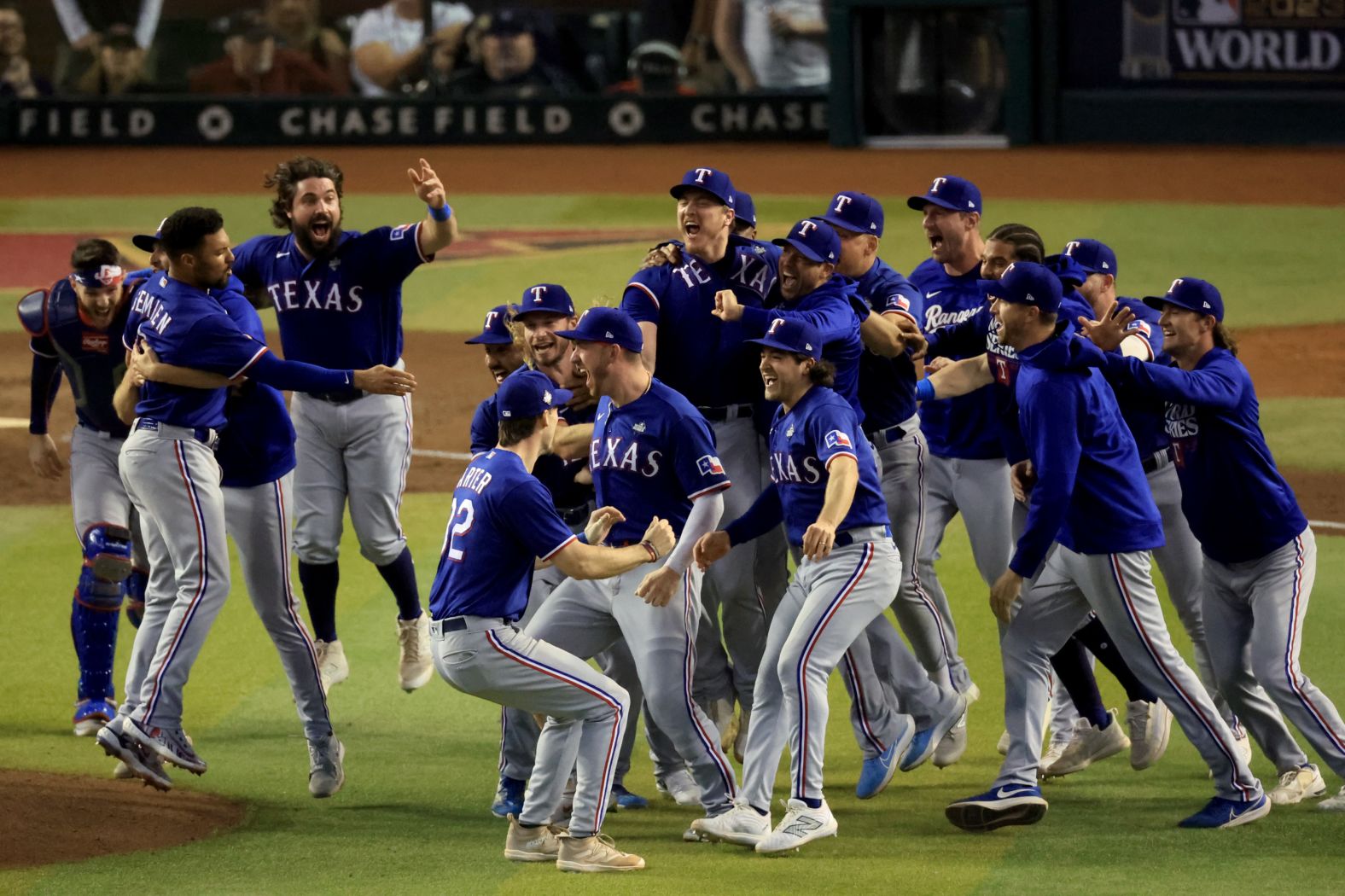 <a href="https://www.cnn.com/2023/11/01/sport/world-series-rangers-diamondbacks-game-5-winner/index.html" target="_blank">The Texas Rangers celebrate</a> after beating the Arizona Diamondbacks 5-0 in Game Five to win the World Series in Phoenix on Wednesday, November 1. It is the team's first World Series title in franchise history.