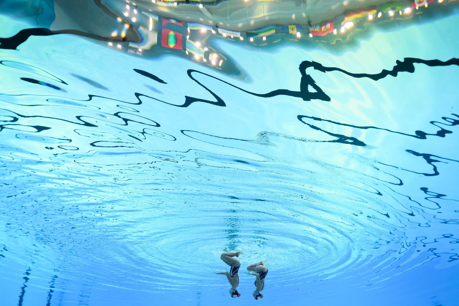 Colombia's Melisa Ceballos and Estefania Roa compete during the artistic swimming duets technical routine event at the Pan American Games in Santiago, Chile, on Tuesday, October 31.