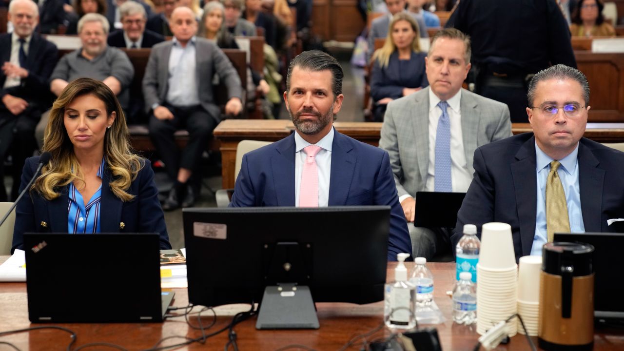 NEW YORK, NEW YORK - NOVEMBER 01: Donald Trump Jr. sits in a New York courtroom as lawyer Alina Habba listens (L) on November 01, 2023 in New York City. Trump's children, Donald Jr., Eric, and daughter Ivanka, are all expected to testify this week and Monday at their father's trial. (Photo by Seth Wenig-Pool/Getty Images)