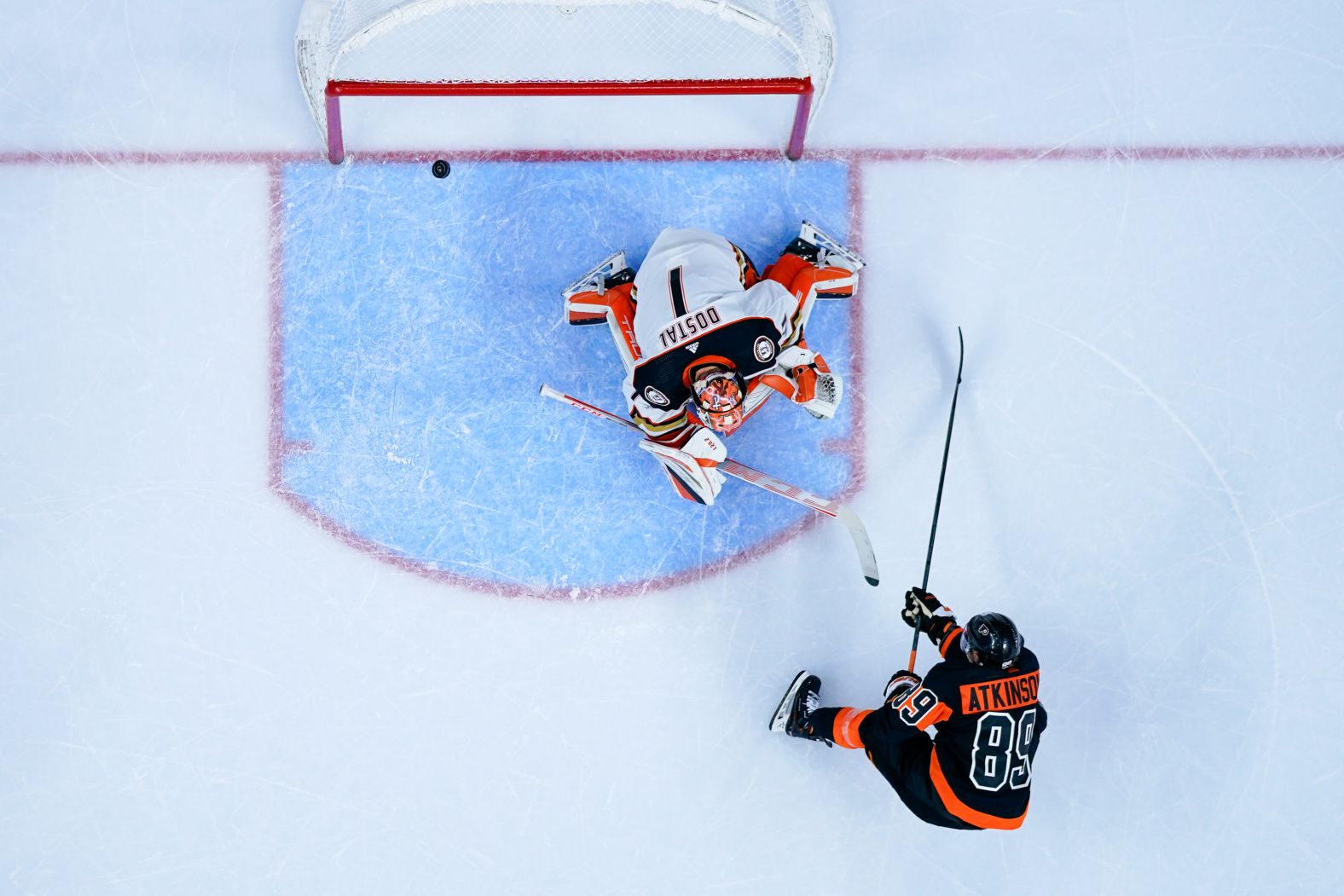 Philadelphia Flyers' Cam Atkinson shoots the puck past Lukas Dostal of the Anaheim Ducks for a goal in Philadelphia on Saturday, October 28. The Ducks beat the Flyers 7-4.