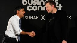 Britain's Prime Minister Rishi Sunak, left, shakes hands with Tesla and SpaceX's CEO Elon Musk after an in-conversation event in London, Thursday, Nov. 2, 2023. Sunak discussed AI with Elon Musk in a conversation that is played on the social network X, which Musk owns.(AP Photo/Kirsty Wigglesworth, Pool)