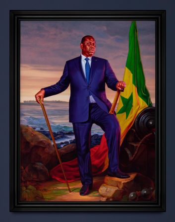 "Portrait of Macky Sall, President of Senegal" (2023) by Kehinde Wiley. The sitter and the artist both decided on other elements in the portraits. "What I wanted was this kind of negotiation back and forth between the real and the imagined," said the artist.