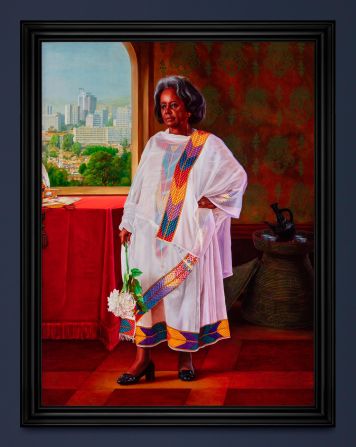 "Portrait of Sahle-Work Zewde, President of Ethiopa" (2023) by Kehinde Wiley. "The maze of power [the project title] is the maze that's being run by me, the artist, but also by the sitter," said Wiley. "The sitter deciding how they want to be seen; me responding to their set of decisions."