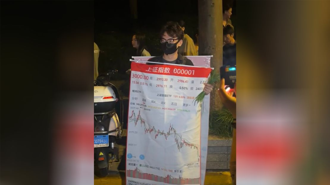 Man dressed as tumbling Shanghai Composite Index for Halloween poses for a picture.