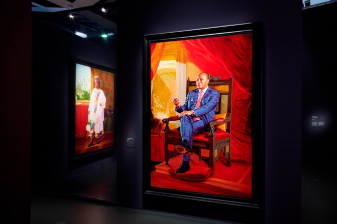 A view of the exhibition space for "A Maze of Power," featuring a portrait (right) of Alpha Condé, former president of Guinea. Condé was deposed in a coup in 2021. "This is not a celebration of individual leaders. This is a look at the presidency itself," said Wiley.