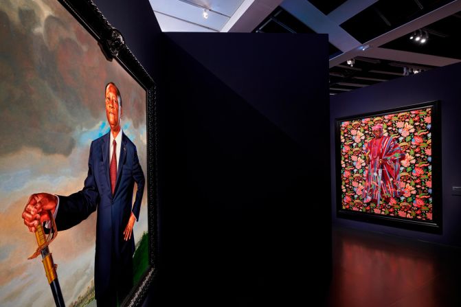 "Portrait of Alassane Ouattara, President of Ivory Coast" (2023) by Kehinde Wiley (left). The artist has harnessed the visual language of paintings by Old Masters before, using members of the public, artists and celebrities as his sitters.