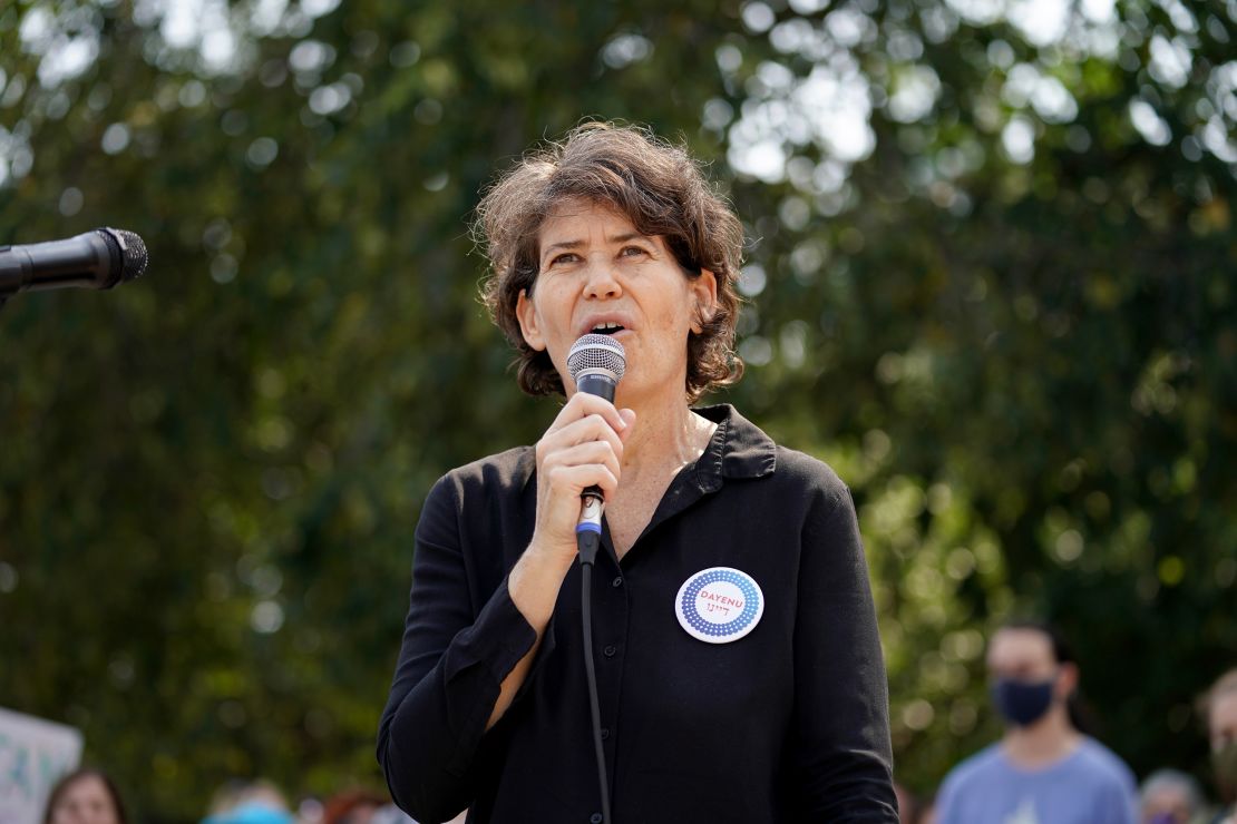 NEW YORK, NEW YORK - SEPTEMBER 12: Rabbi Rachel Timoner speaks at the "Jewish Climate Action, Hear The Call Senator Schumer" event on September 12, 2021 in New York City. (Photo by Jemal Countess/Getty Images for Green New Deal Network)