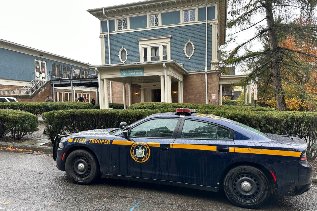 A New York State Police Department cruiser is parked in front of Cornell University's Center for Jewish Living, in Ithaca, NY, Monday, Oct 30, 2023. Threatening statements about Jews on an internet discussion board have unnerved students at Cornell University and prompted officials to send police to guard a Jewish center and kosher dining hall. (AP Photo/David Bauder)