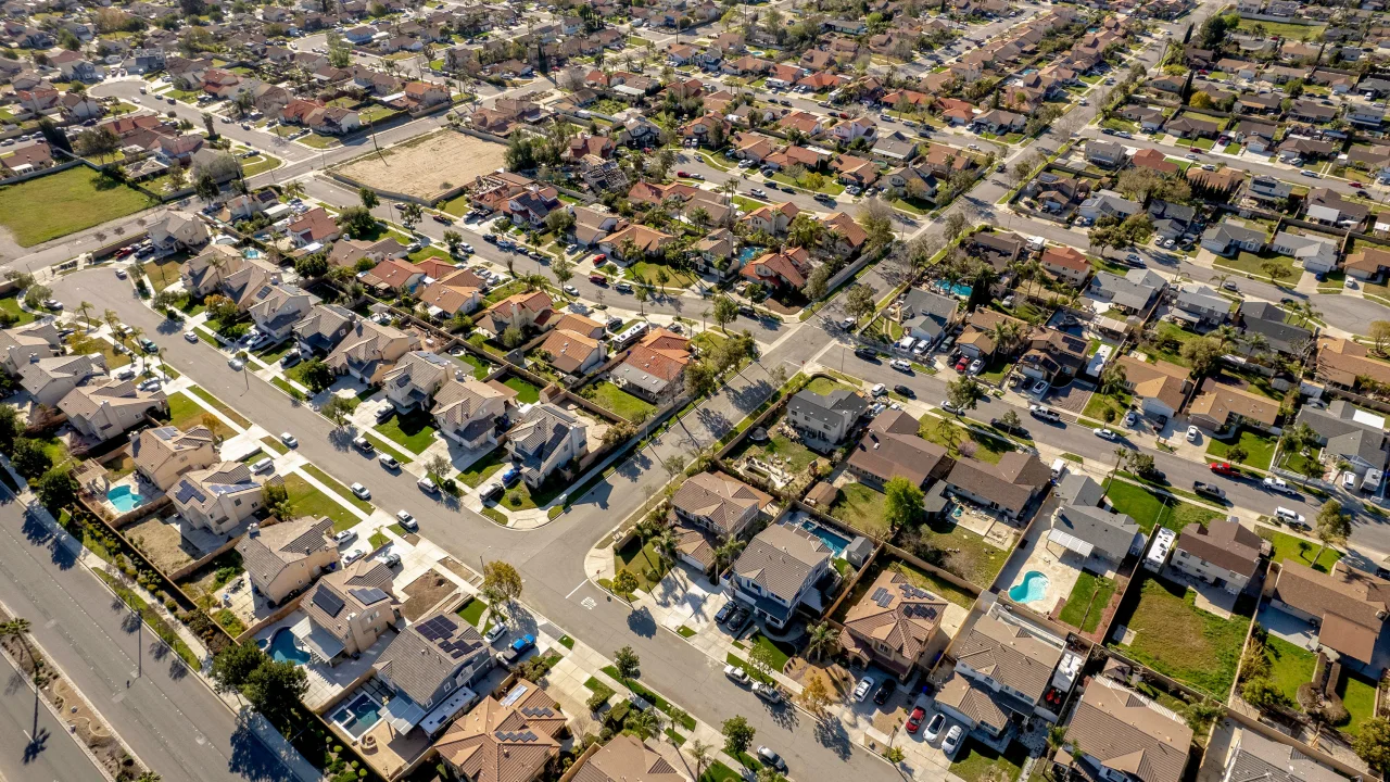 An aerial view of home in Rialto, California, on March 18, 2023.