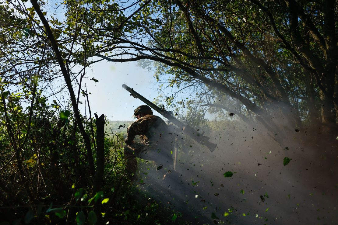 DONETSK OBLAST, UKRAINE -- AUGUST 14: Members of the SPG-9 anti tank recoilless gun crew fires the gun onto Russian positions near the occupied Ukrainian city of Bakhmut on August 14, 2023 in Donetsk Oblast, Ukraine. Bakhmut and its surroundings continue to be places of most fierce battles since the beginning of the full-scale Russian invasion. Ukrainian infantry, leading the counteroffensive and directly engaging in ground combats with the enemy, is always supported by tanks and artillery.