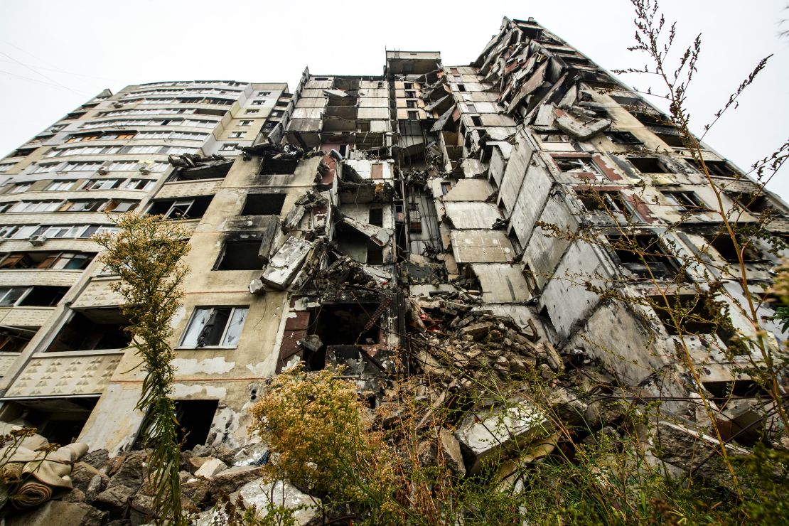Apartment buildings in Northern Saltovka, a district of Kharkiv that was heavily damaged by Russian shelling at the beginning of Russia's full-scale invasion of Ukraine, Kharkiv, Ukraine, October 13, 2023.