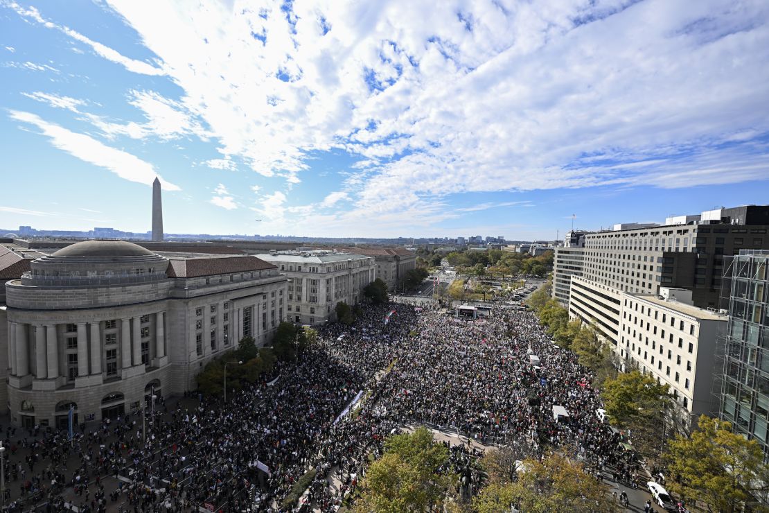 WASHINGTON DC, UNITED STATES - NOVEMBER 4: Protestors gather to hold a pro-Palestinian rally at the Freedom Plaza and condemn the Israeli attacks on Gaza, in Washington D.C., United States on November 4, 2023. (Photo by Celal Gunes/Anadolu via Getty Images)