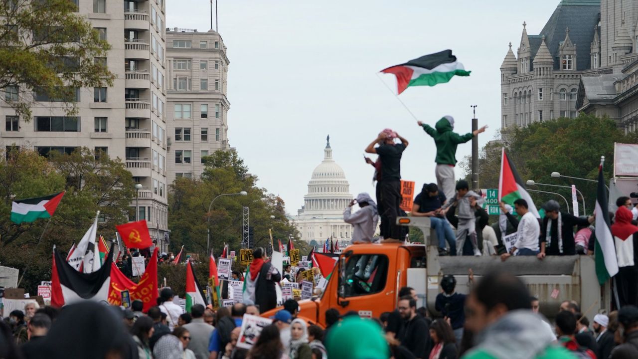 Demonstrators gather in Freedom Plaza during a rally in support of Palestinians in Washington, DC, on November 4, 2023. Thousands of people, both Israeli and Palestinians, have died since October 7, 2023, after Palestinian Hamas militants based in the Gaza Strip, entered southern Israel in a surprise attack leading Israel to declare war on Hamas in Gaza the following day. (Photo by Stefani Reynolds / AFP) (Photo by STEFANI REYNOLDS/AFP via Getty Images)
