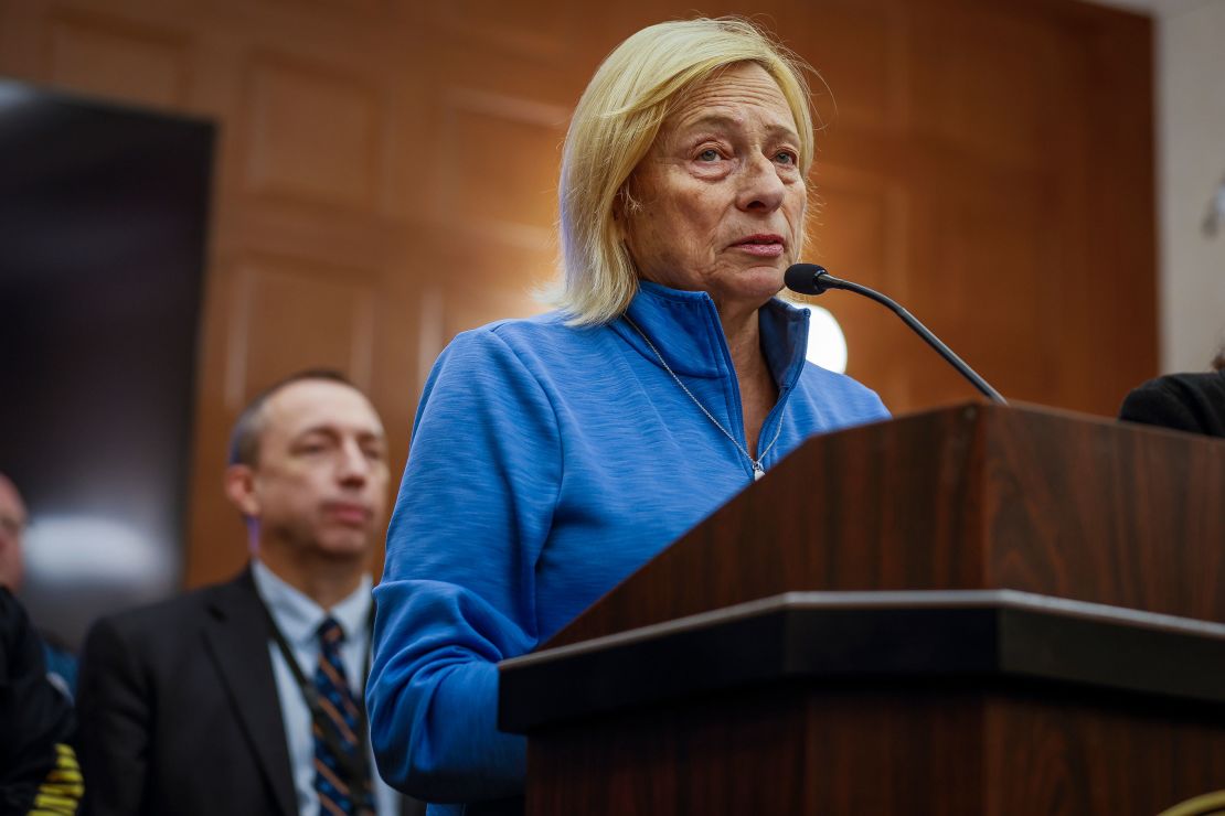 LEWISTON, ME - October 27: Maine Governor Janet Mills addresses the press after the discovery of Robert Card earlier in the evening. The suspect in the Maine mass shootings, Robert Card, was found dead at a recycling center of an apparent self-inflicted gunshot wound, according to a law enforcement source close to the investigation. (Photo by Erin Clark/The Boston Globe via Getty Images)