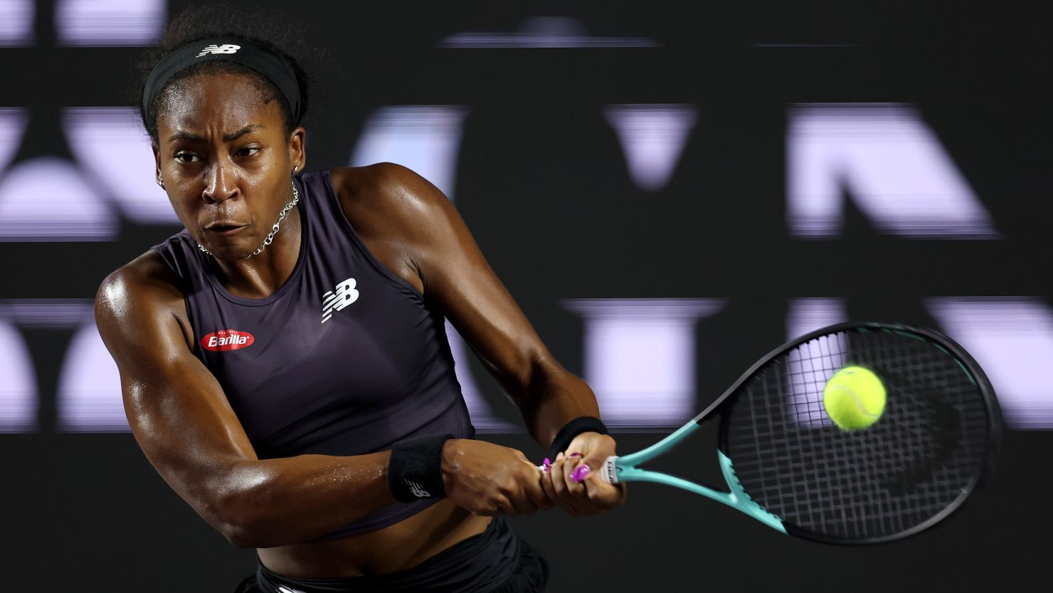 CANCUN, MEXICO - NOVEMBER 04: Coco Gauff of United States returns a shot to Jessica Pegula of United States in their Women's Singles Semifinal match during day 7 of the GNP Seguros WTA Finals Cancun 2023 part of the Hologic WTA Tour on November 04, 2023 in Cancun, Mexico. (Photo by Clive Brunskill/Getty Images)