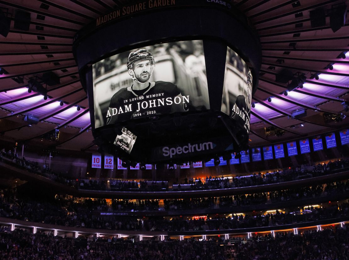 NEW YORK, NEW YORK - NOVEMBER 02: The New York Rangers and the Carolina Hurricanes hold a moment of silence for Adam Johnson prior to their game at Madison Square Garden on November 02, 2023 in New York City. (Photo by Bruce Bennett/Getty Images)