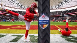 TOPSHOT - Kansas City Chiefs players warm up prior to the NFL game between Miami Dolphins and Kansas City Chiefs at the Waldstadion in Frankfurt am Main, western Germany on November 5, 2023. (Photo by Kirill KUDRYAVTSEV / AFP) (Photo by KIRILL KUDRYAVTSEV/AFP via Getty Images)