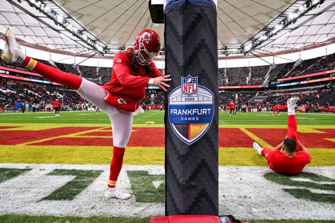Kansas City Chiefs players warm up prior to a game against the Miami Dolphins in Frankfurt, Germany, on Sunday, November 5. The Chiefs beat the Dolphins 21-14.