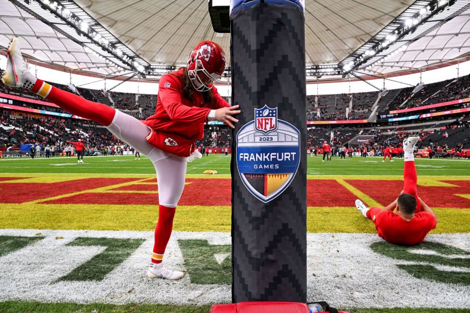 Kansas City Chiefs players warm up prior to a game against the Miami Dolphins in Frankfurt, Germany, on November 5. The Chiefs beat the Dolphins 21-14.