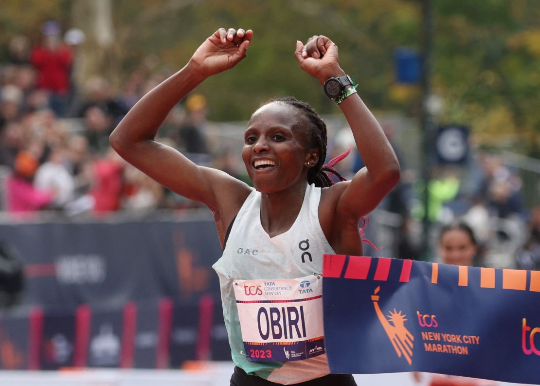 Athletics - 2023 TCS New York City Marathon - New York, United States - November 5, 2023
Kenya's Hellen Obiri crosses the line to win the women's elite race.