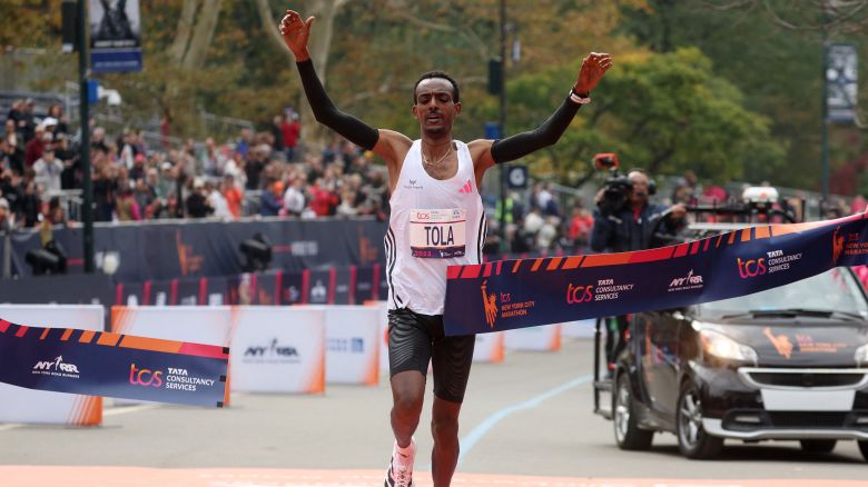 Athletics - 2023 TCS New York City Marathon - New York, United States - November 5, 2023
Ethiopia's Tamirat Tola crosses the line to win the men's elite race.